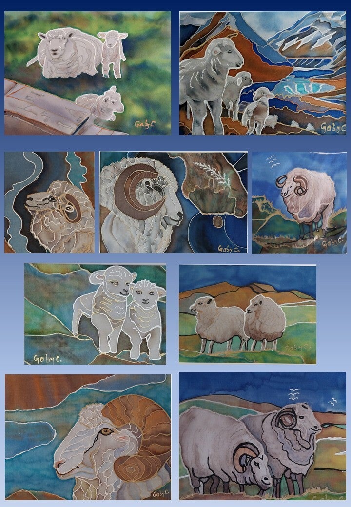 Merino sheeps painted on pure silk by Gabriela Cretu at GC-ArtEscape