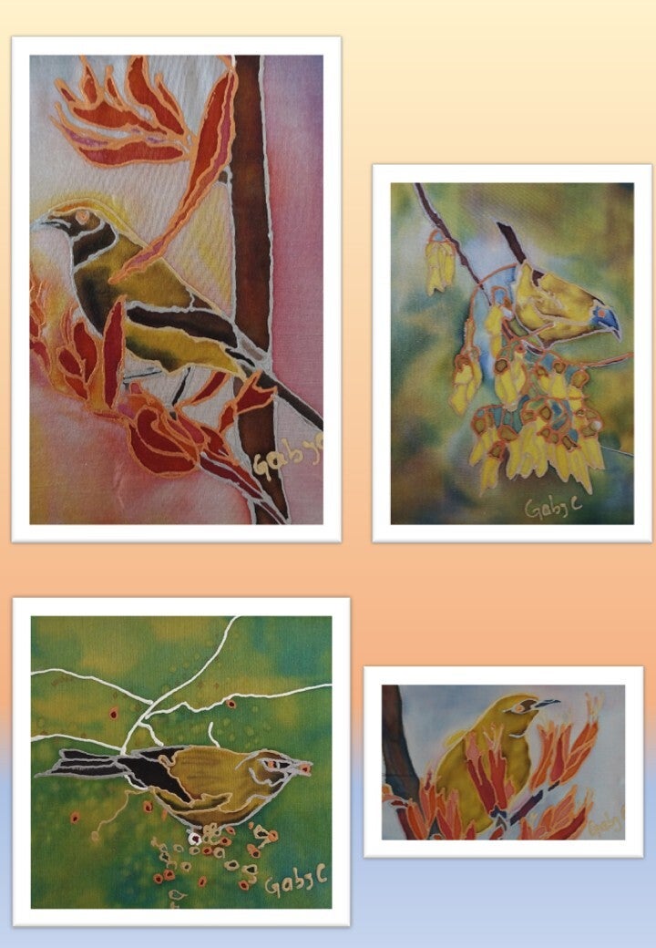 Bellbird hand-painted ob silk by Gabriela Cretu at GC-ArtEscape