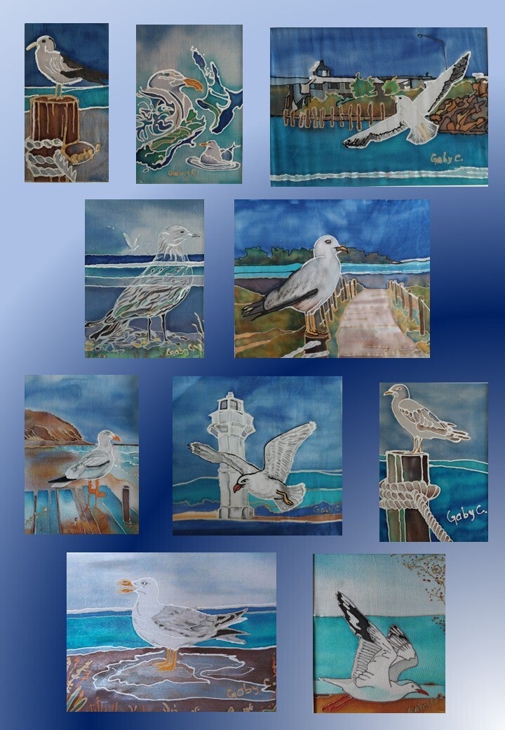 Seagulls painted on pure silk by Gabriela Cretu at GC-ArtEscape