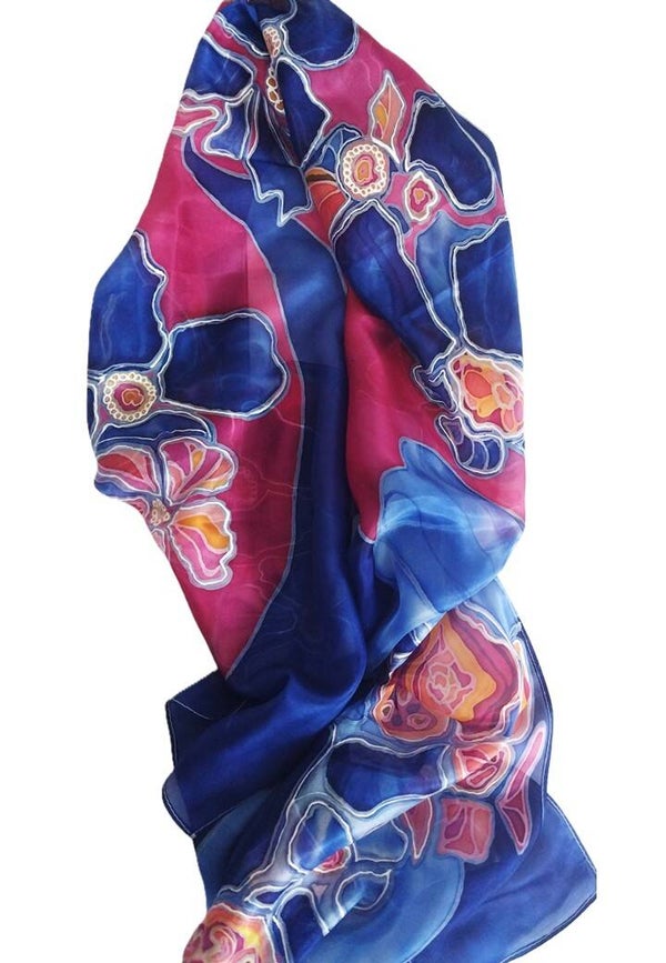 Abstract Blue Flowers Scarf — Large (35 × 180 cm)