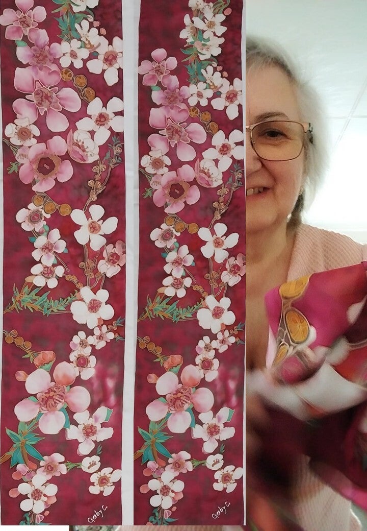 Manuka flower scarves - hand-painted pure silk scarves by Gabriela Cretu at GC-ArtEscape 