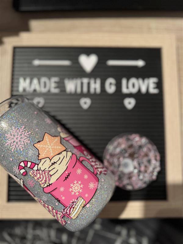 Pink Christmas drink glitter cup with ice lid