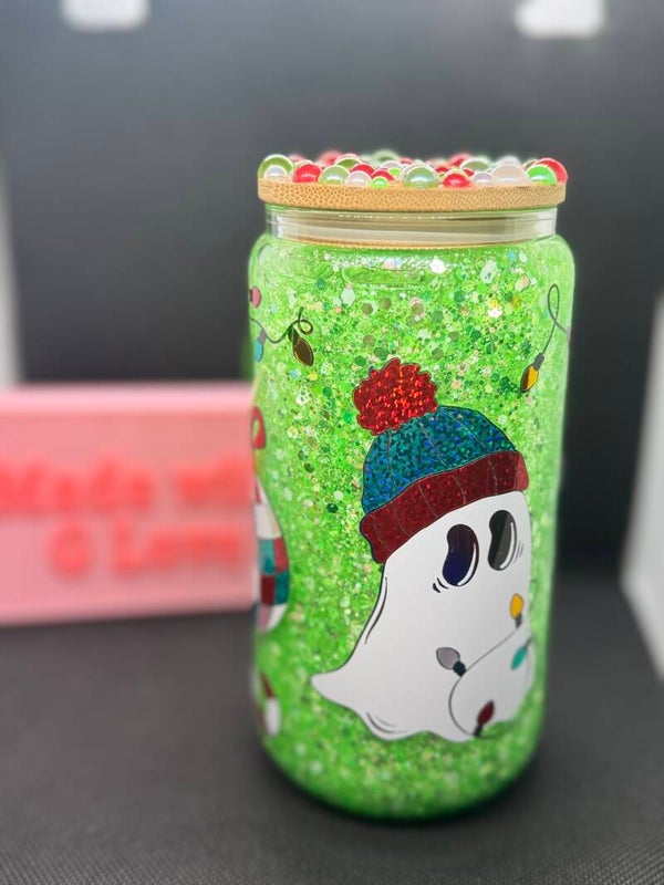 Christmas Boo glow in the dark glitter glass cup