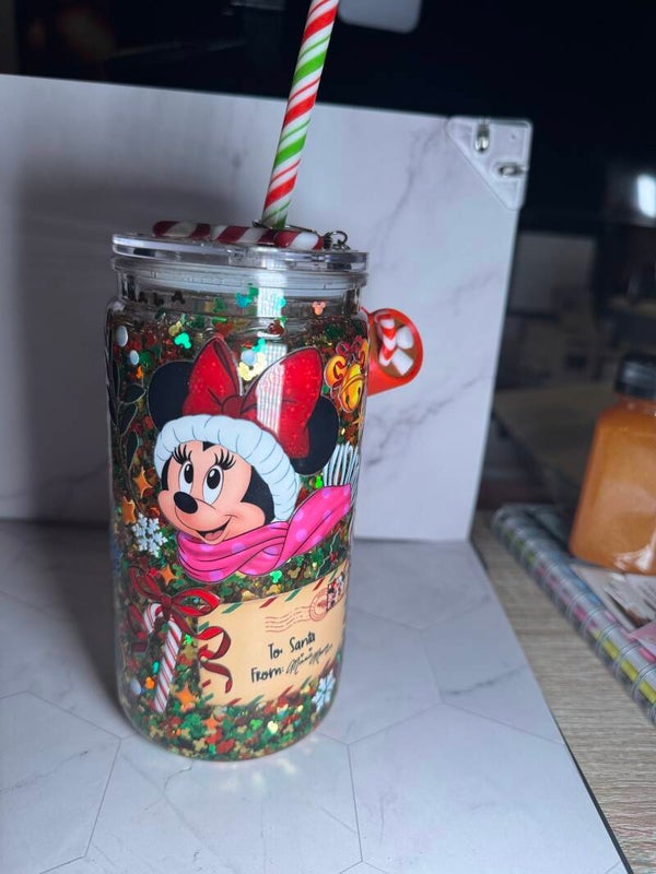 Mini Mouse Christmas glitter cup with glitter candy cane lid