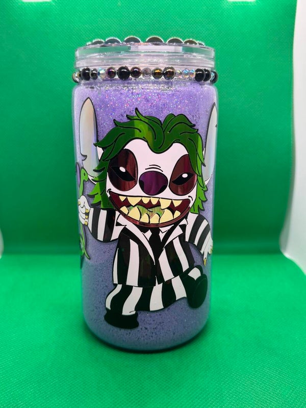 Stitch Beetlejuice glitter tumbler with rhinestone and pearl detail