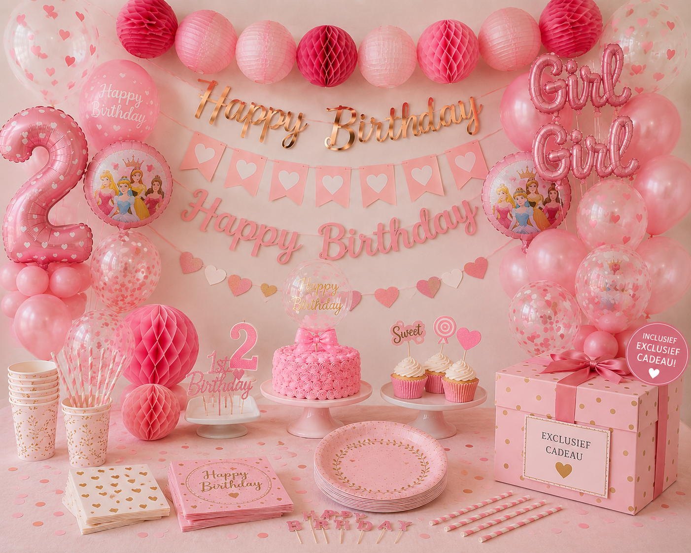 Roze Deluxe Bundel - 2 jaar versiering meisje