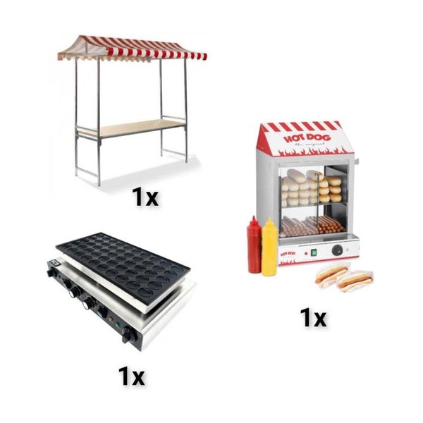 Huur jouw complete marktkraam groot of klein met poffertjesplaat en hotdogmachine!