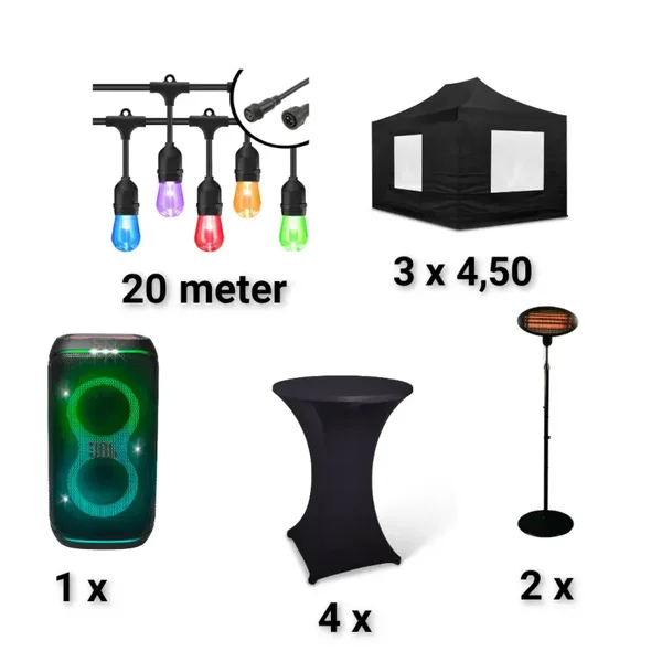 Combi deal 5  partytent van 3X4,50 meter!  4x statafels  4x statafelrokken wit of zwart  1x muziekbox  20m prikkabel Wit of kleur