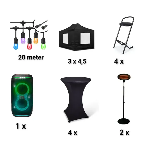 Combi deal 6 deluxe partytent van 3 bij 4,50 meter! 6x barkrukken 4x statafels 4x statafelrokken 1x muziekbox 2x Terrasverwarmers 20m prikkabel