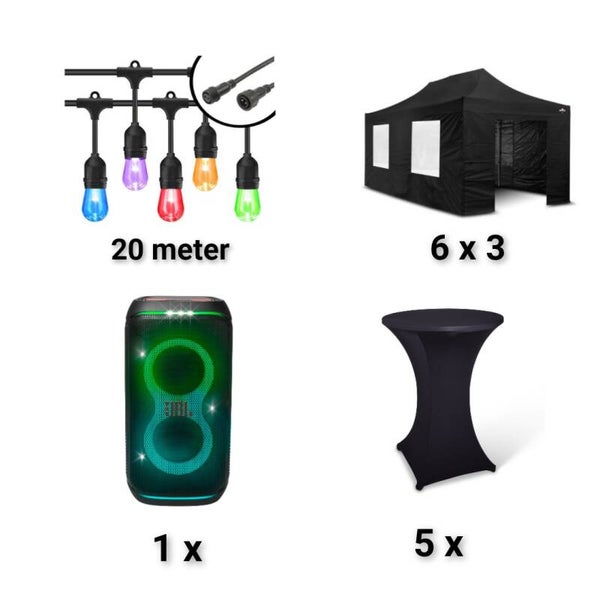 Combi deal 7 deluxe partytent van 3 bij 6 meter!  5x statafels 5x statafelrokken 1x muziekbox 2x  20m prikkabel