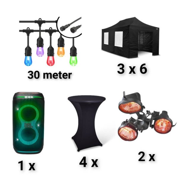 Combi deal 8 deluxe partytent van 3 bij 6 meter! 5x statafels 5x statafelrokken 1x muziekbox 2x 20m prikkabel 2 x heater