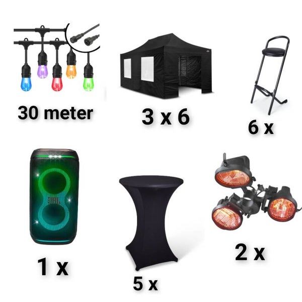 Combi deal 9 deluxe partytent van 3 bij 6 meter! 5x statafels 5x statafelrokken 1x muziekbox 30meter prikkabel 2 x heater 6 barkrukken