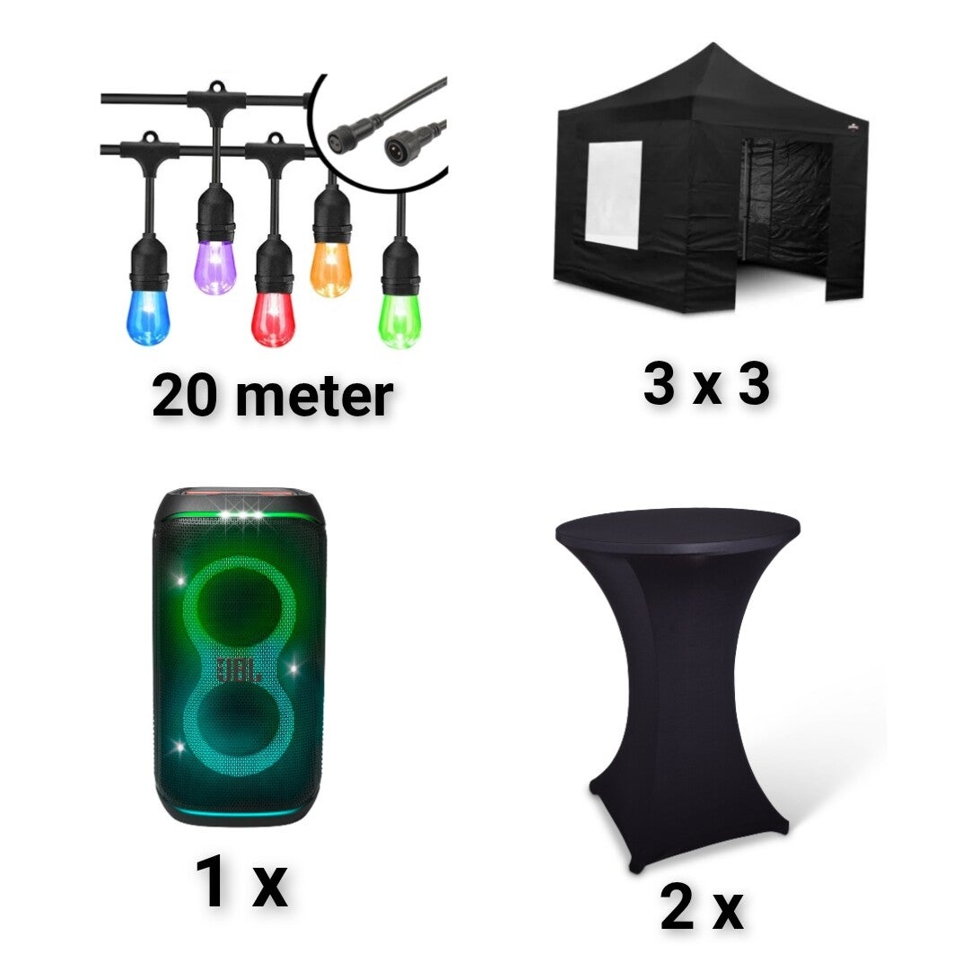 Combi deal 1 partytent van 3 bij 3 meter!  2x statafels 2x statafelrokken 1x jbl box 20m prikkabel