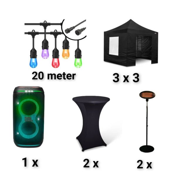 Combi deal 2 partytent van 3 bij 3 meter! 2x statafels 2x statafelrokken 1x muziekbox 2x Terrasverwarmers 20m prikkabel