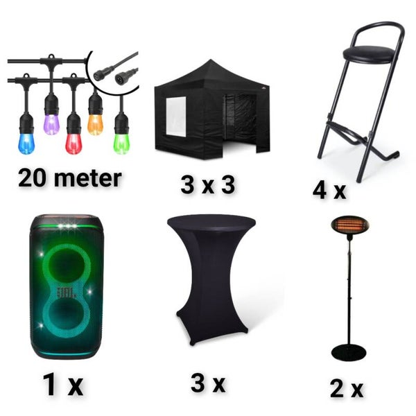 Combi deal 3 partytent van 3 bij 3 meter! 4x barkrukken 3x statafels 3x statafelrokken 1x muziekbox 2x Terrasverwarmers 20m Prikkabel