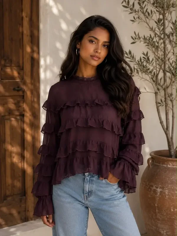 Blouse ruffle aubergine