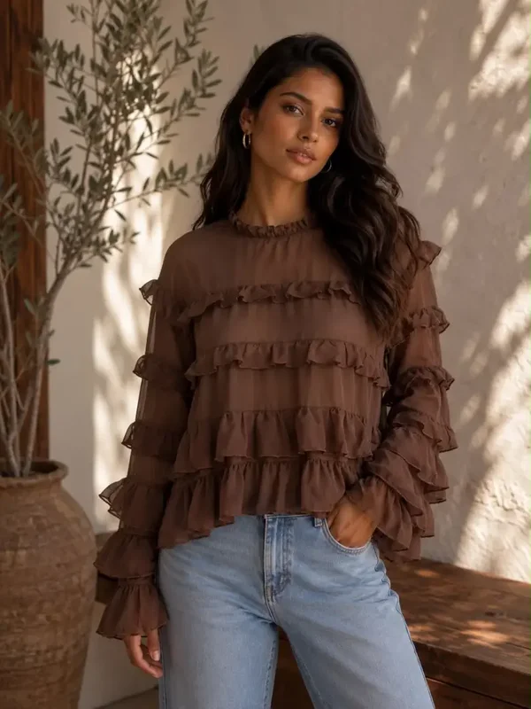 Blouse ruffle bruin