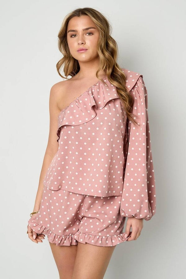 Off shoulder top polka roze