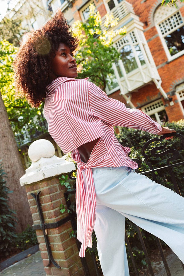 Blouse streep rood strik achterkant