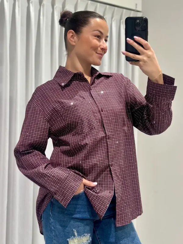 Blouse ruit strass aubergine