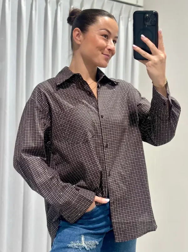Blouse ruit strass bruin