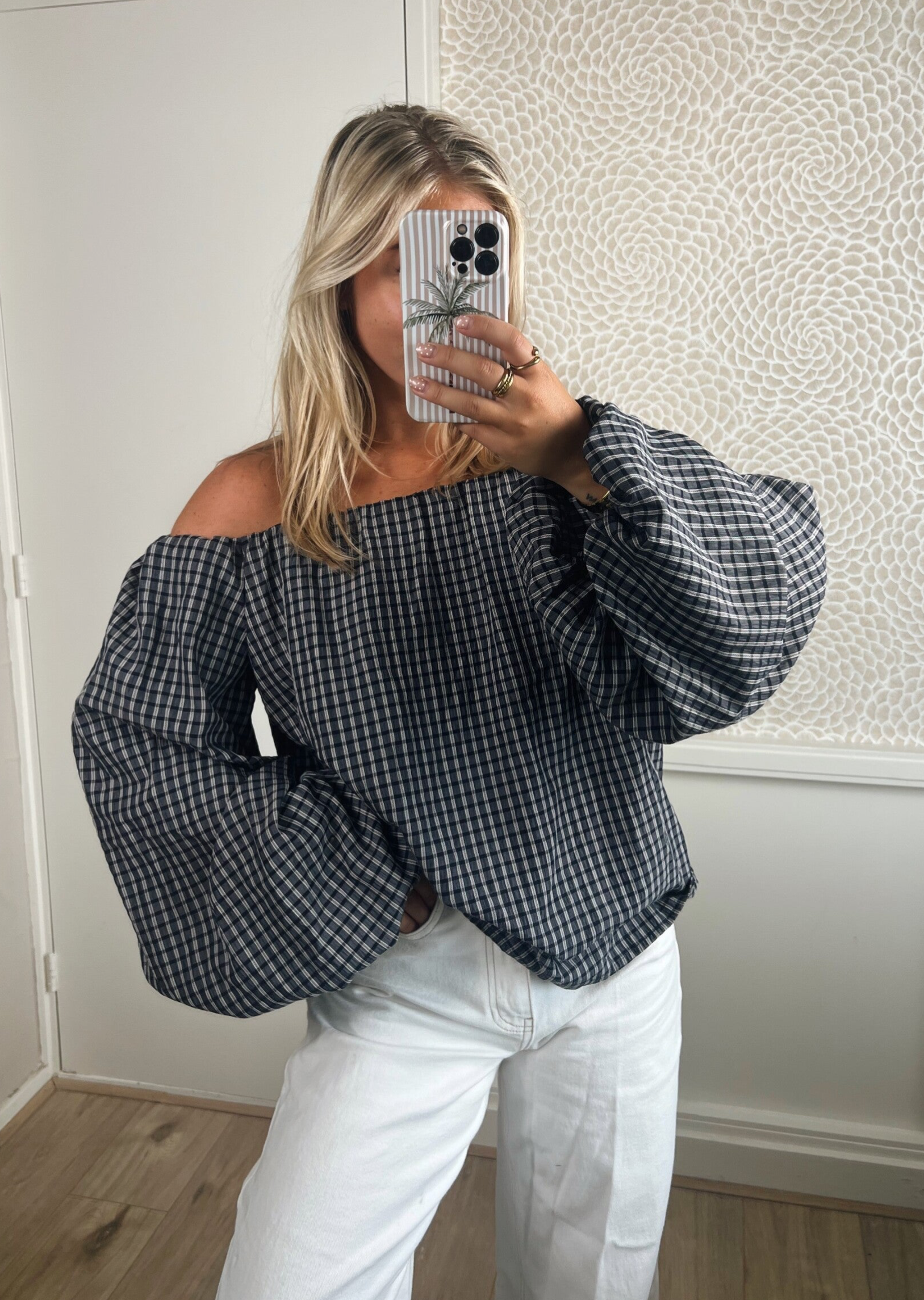 Top ruit blauw off shoulder