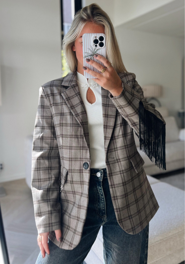 Blazer franjes ruit bruin franjes zwart