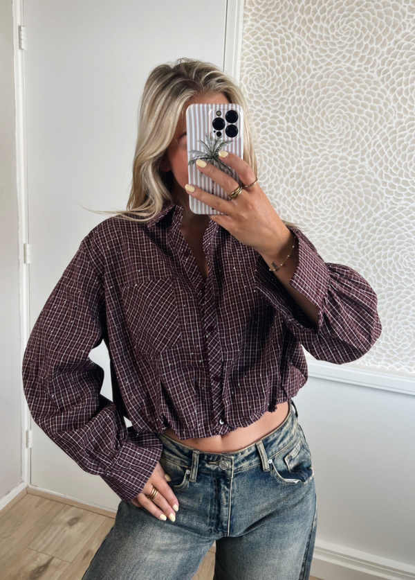 Blouse ruit strass aubergine