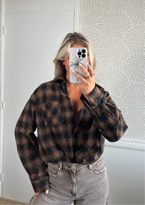 Blouse ruit bruin strass