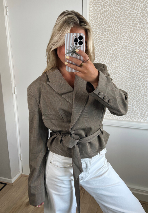 Blazer kort ceintuur ruit taupe