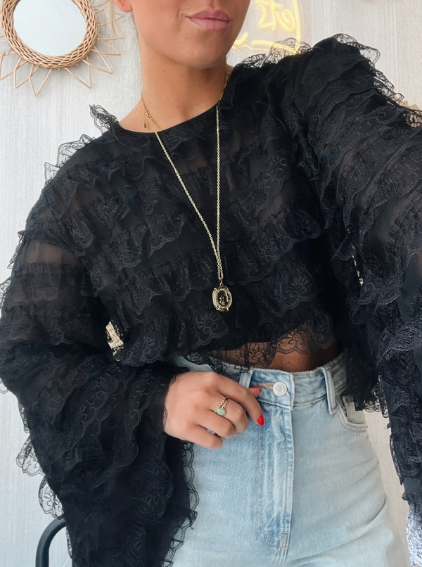 Ruffle top lange mouw zwart