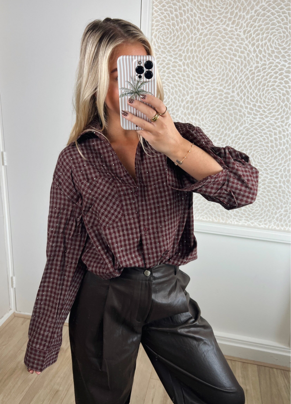 Blouse ruit strass aubergine