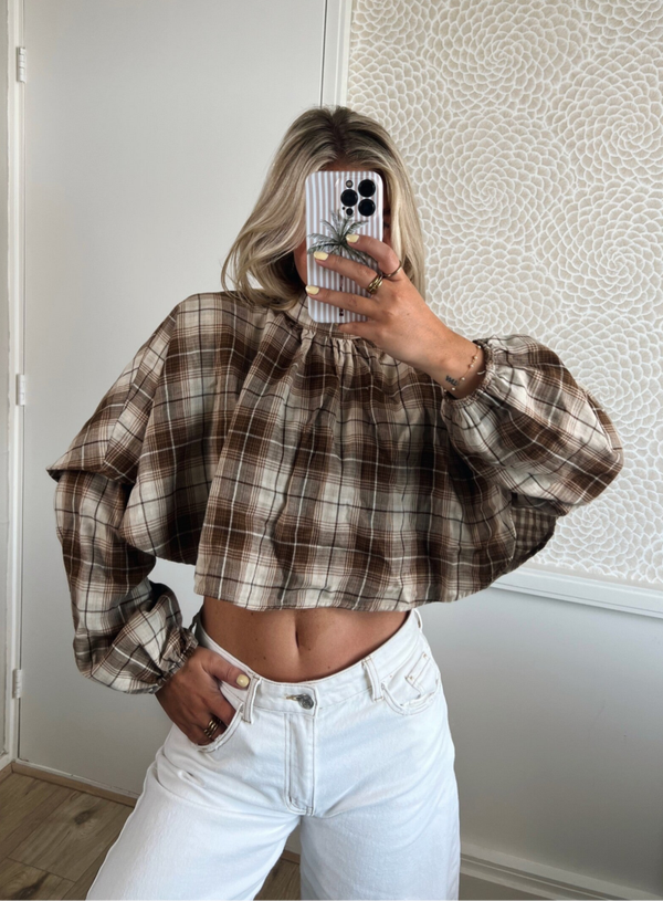 Blouse ruit kort camel bruin