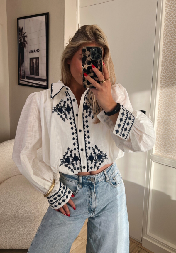 Blouse cropped wit blauw
