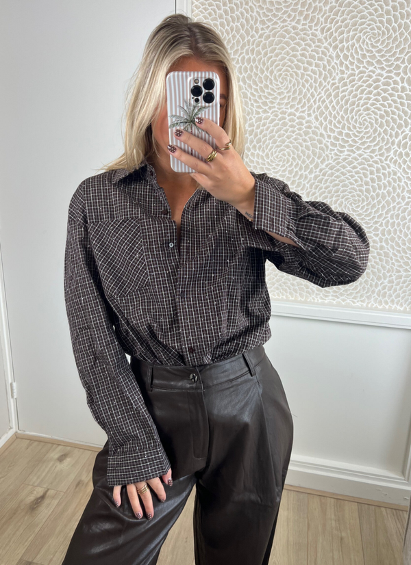 Blouse ruit strass bruin