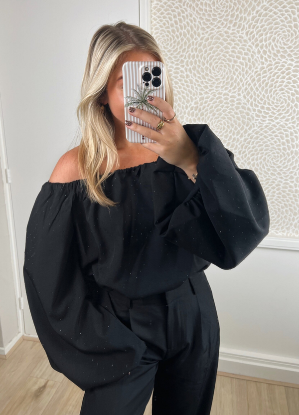 Off shoulder top zwart strass