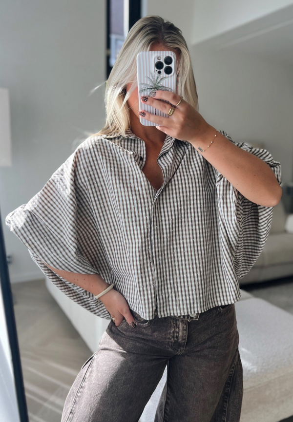 Blouse strass crop mouw beige bruin