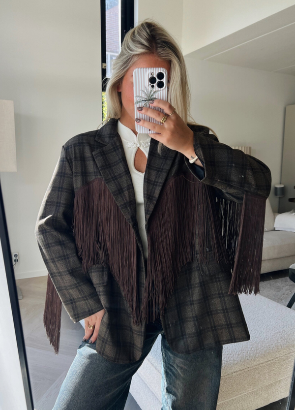 Blazer franjes ruit bruin franjes