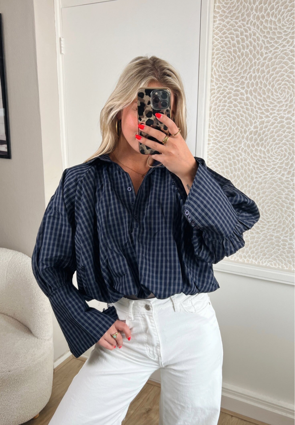 Blouse ruit donkerblauw crop