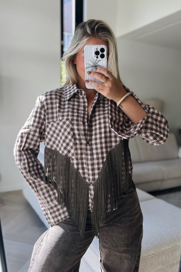 Blouse ruit franjes roze bruin