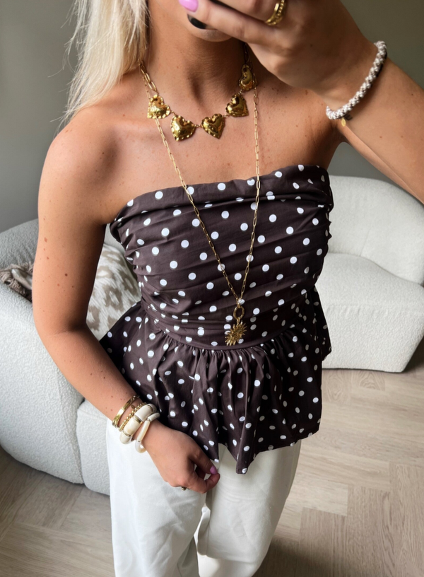 Strapless top bruin stippen