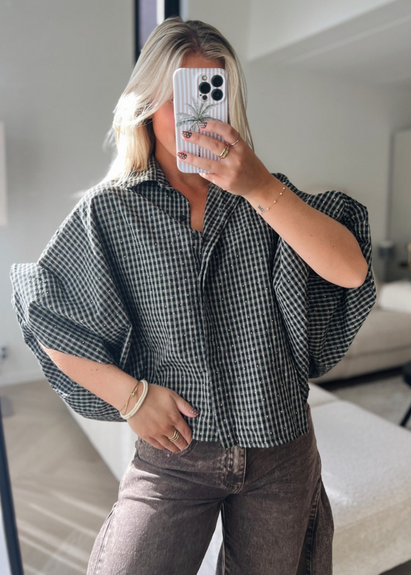 Blouse strass crop mouw zwart beige