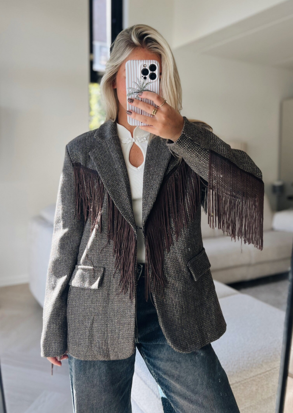 Blazer franjes tweed bruin franjes