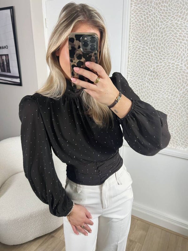 Blouse donkerbruin strass