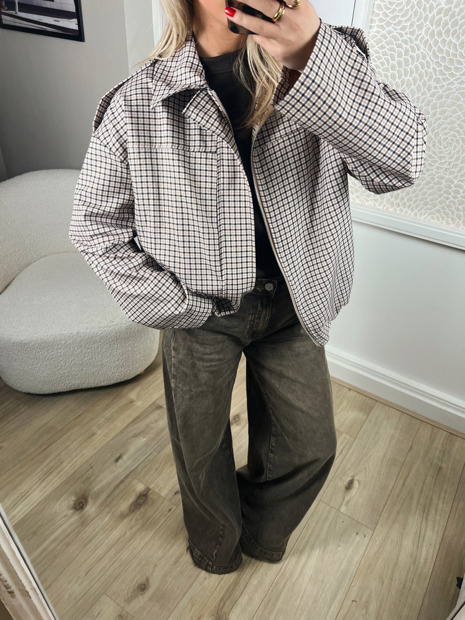 Bomber jasje ruit beige zwart