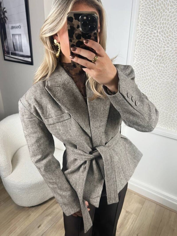 Blazer cropped ceintuur taupe