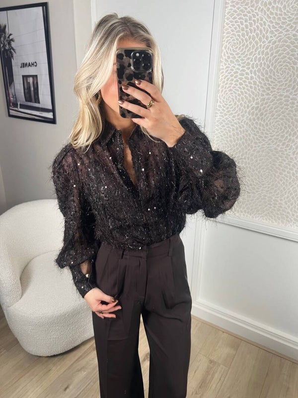 Blouse haartjes pailletten bruin