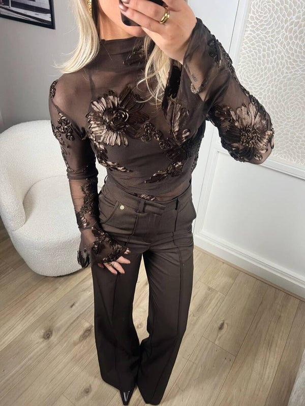 Top mesh bloemen bruin