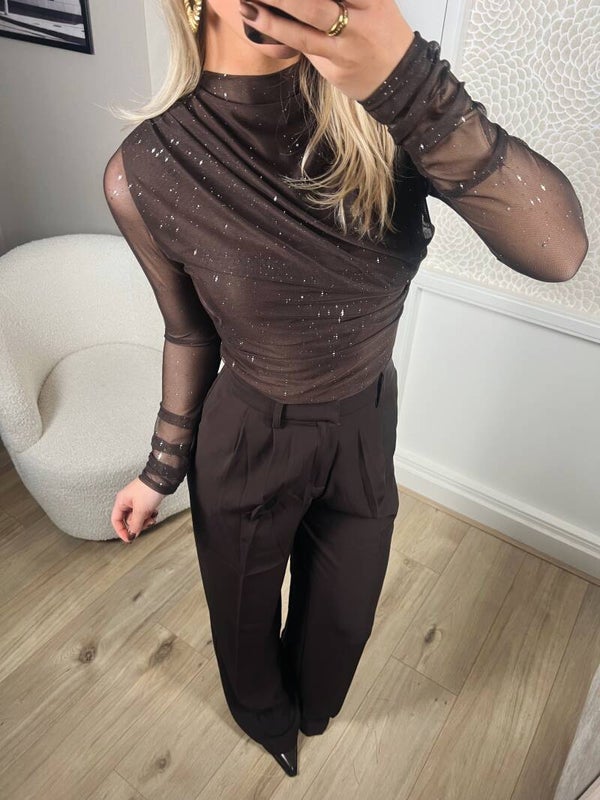 Top mesh glitter bruin