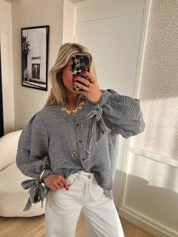 Blouse ballon mouw ruit donkerblauw